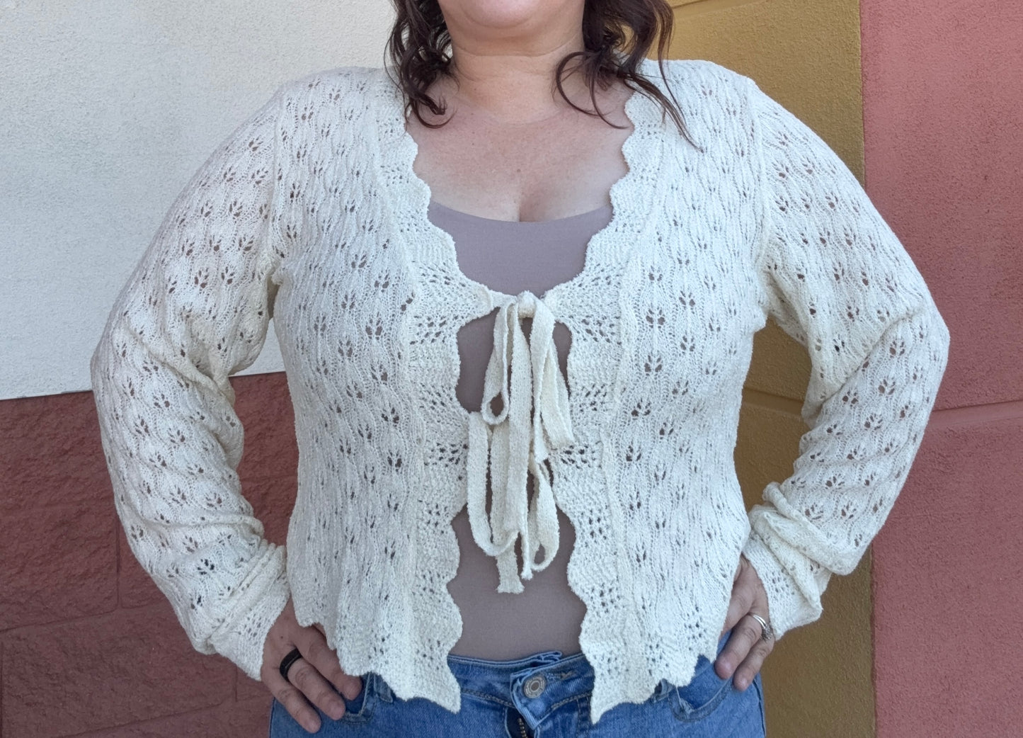 tie cardigan with scalloped edge