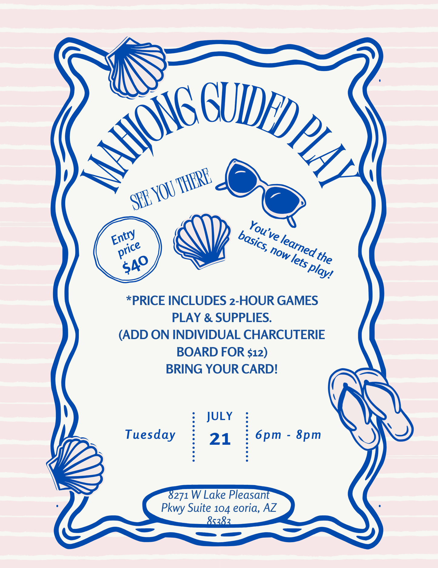 Invitation for Mahjong Guided Play event with blue text and graphics on a pink background
