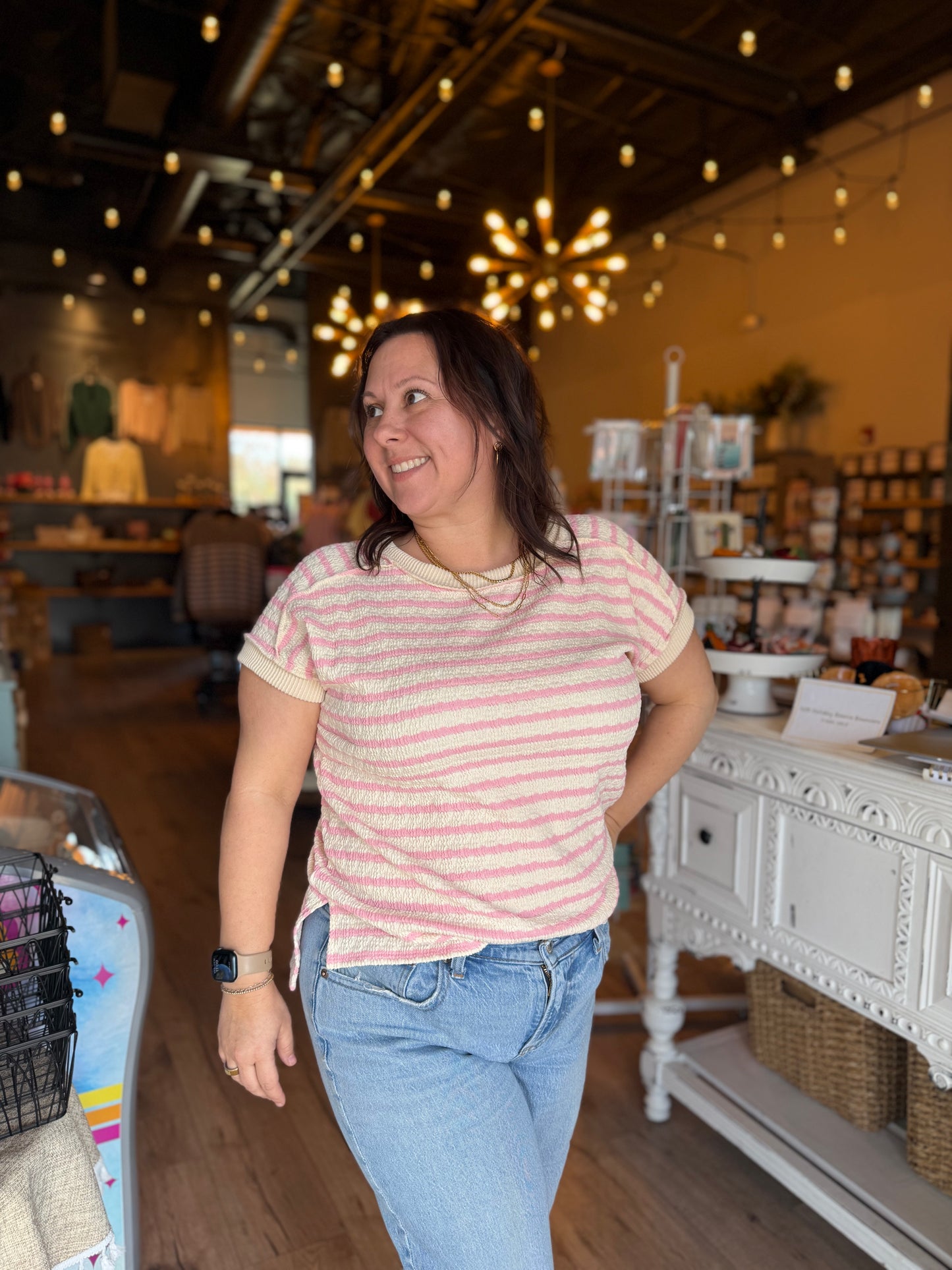 Stripe Textured Side Slit Short Sleeve Top