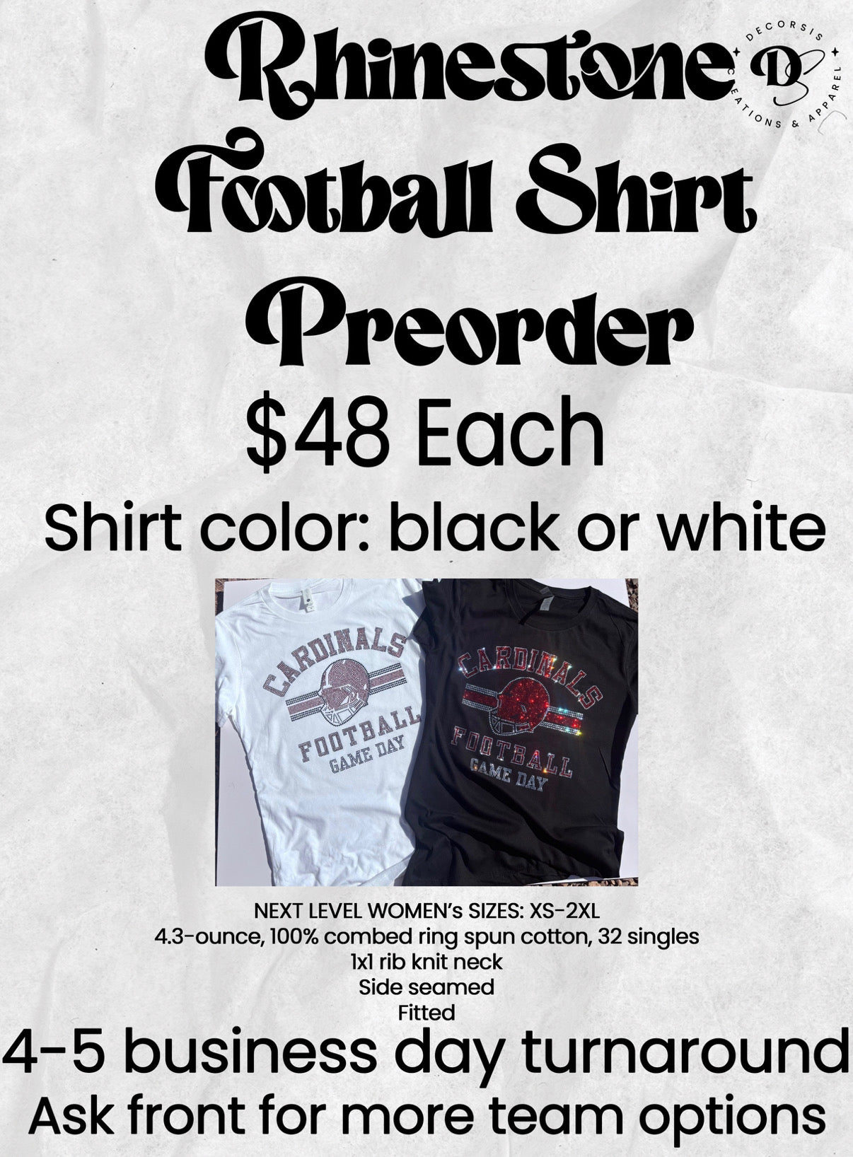 Promotional graphic for a 'Rhinestone Football Shirt Preorder' by Designers Love Shirts, showing two sample football shirts (one white, one black) with a 'Cardinals Football Game Day' design. The text details the $48 preorder price, team color options, and sizes.