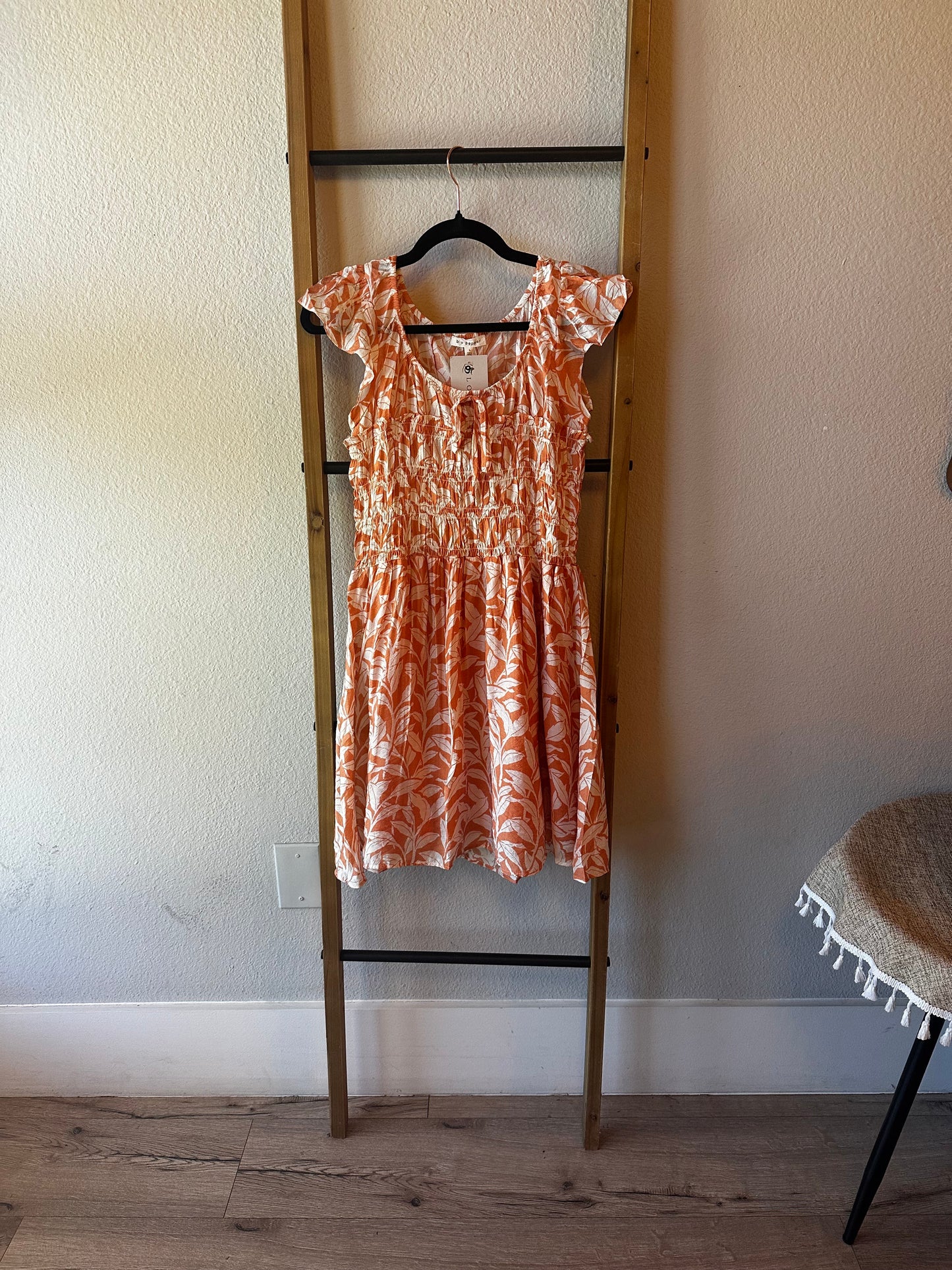 LEAF PRINT FRONT TIE SMOCKED BODICE MINI DRESS