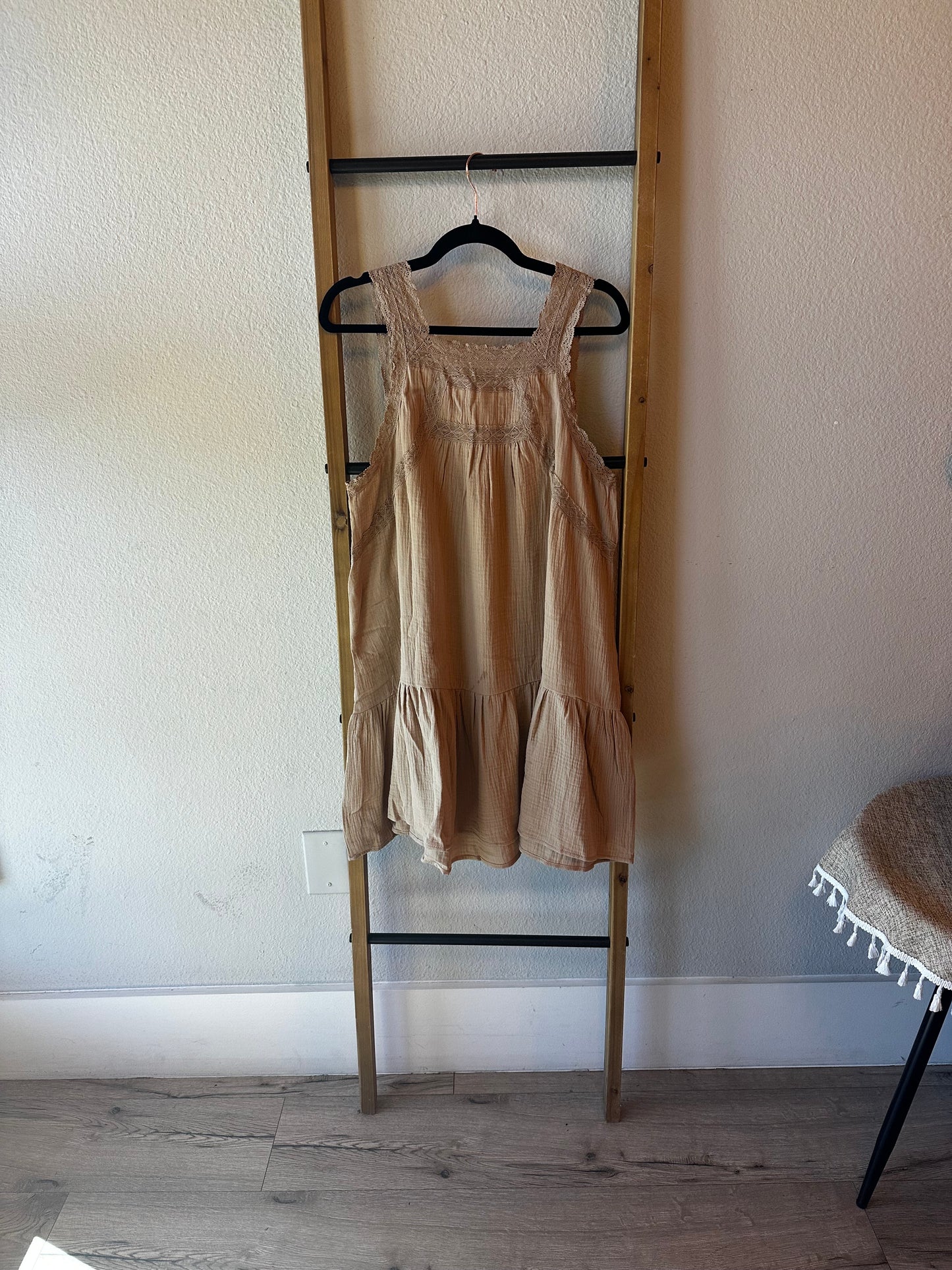 Mini Lace Trim Natural Dress - Tan - 85 Local