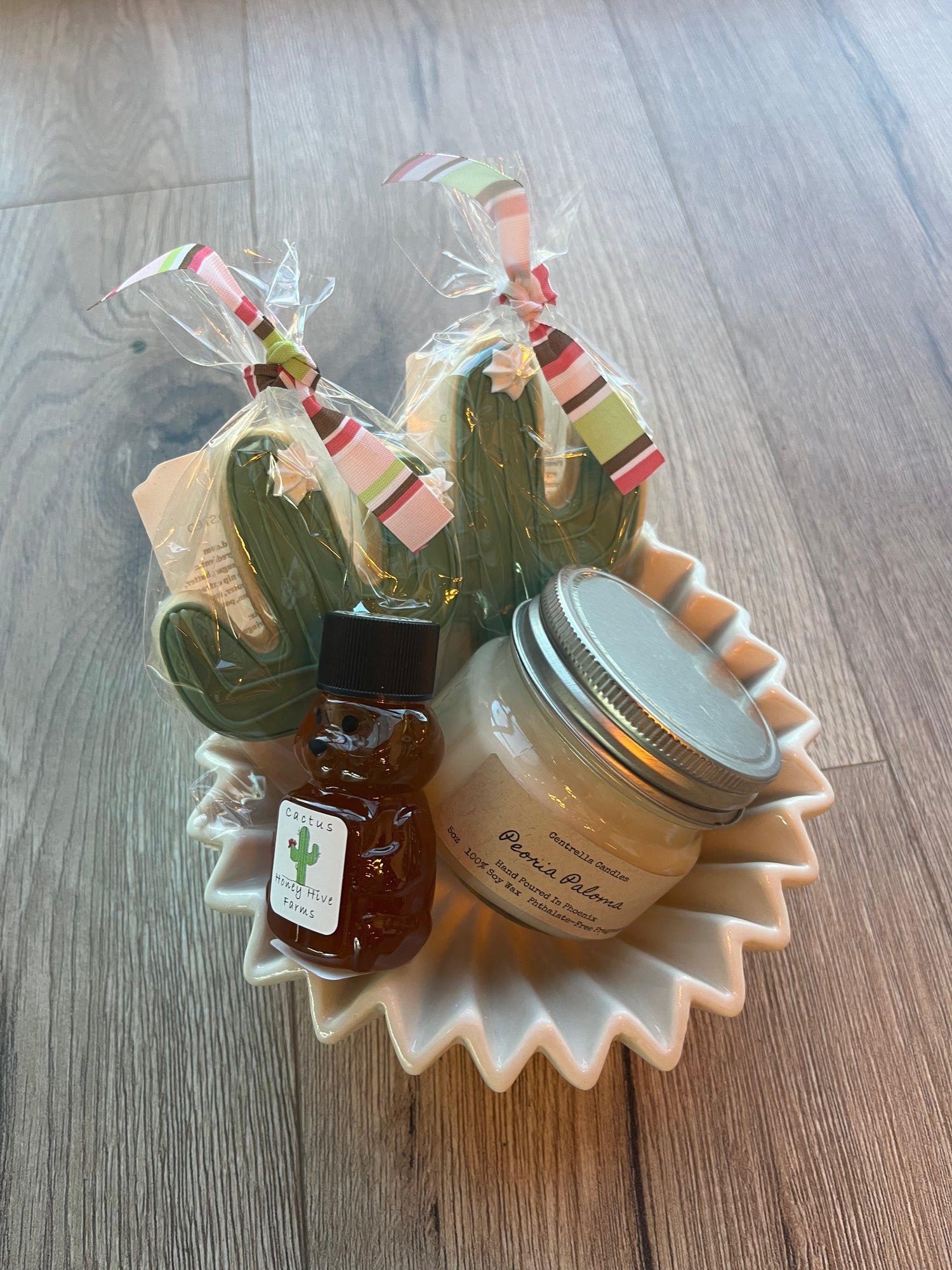 Fluted bowl with candle, honey and cactus cookies