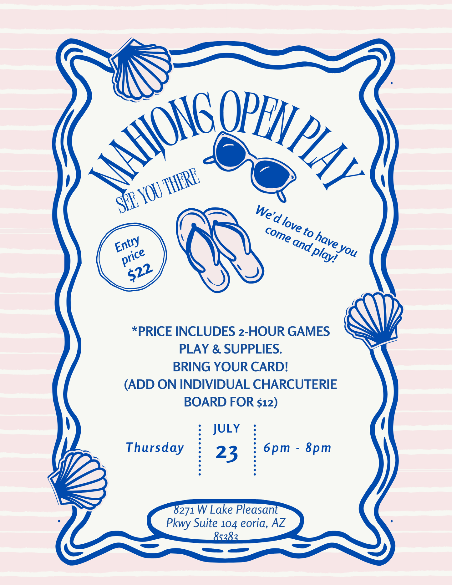 Invitation for a mahjong open play event with beach-themed graphics on a light pink background.