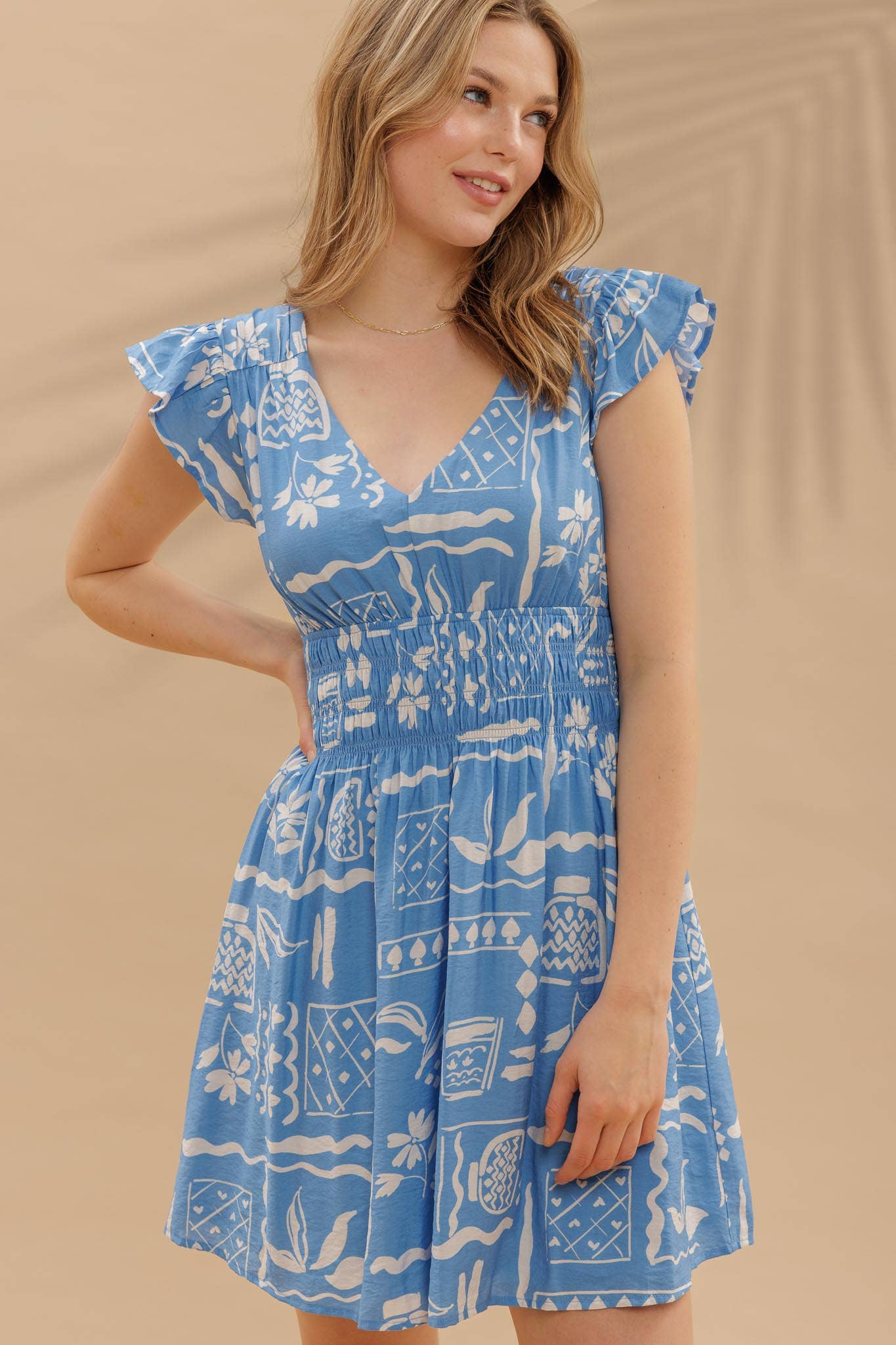 FLORAL LINE PRINT V NECK RUFFLE SLEEVE MINI DRESS - 85 Local