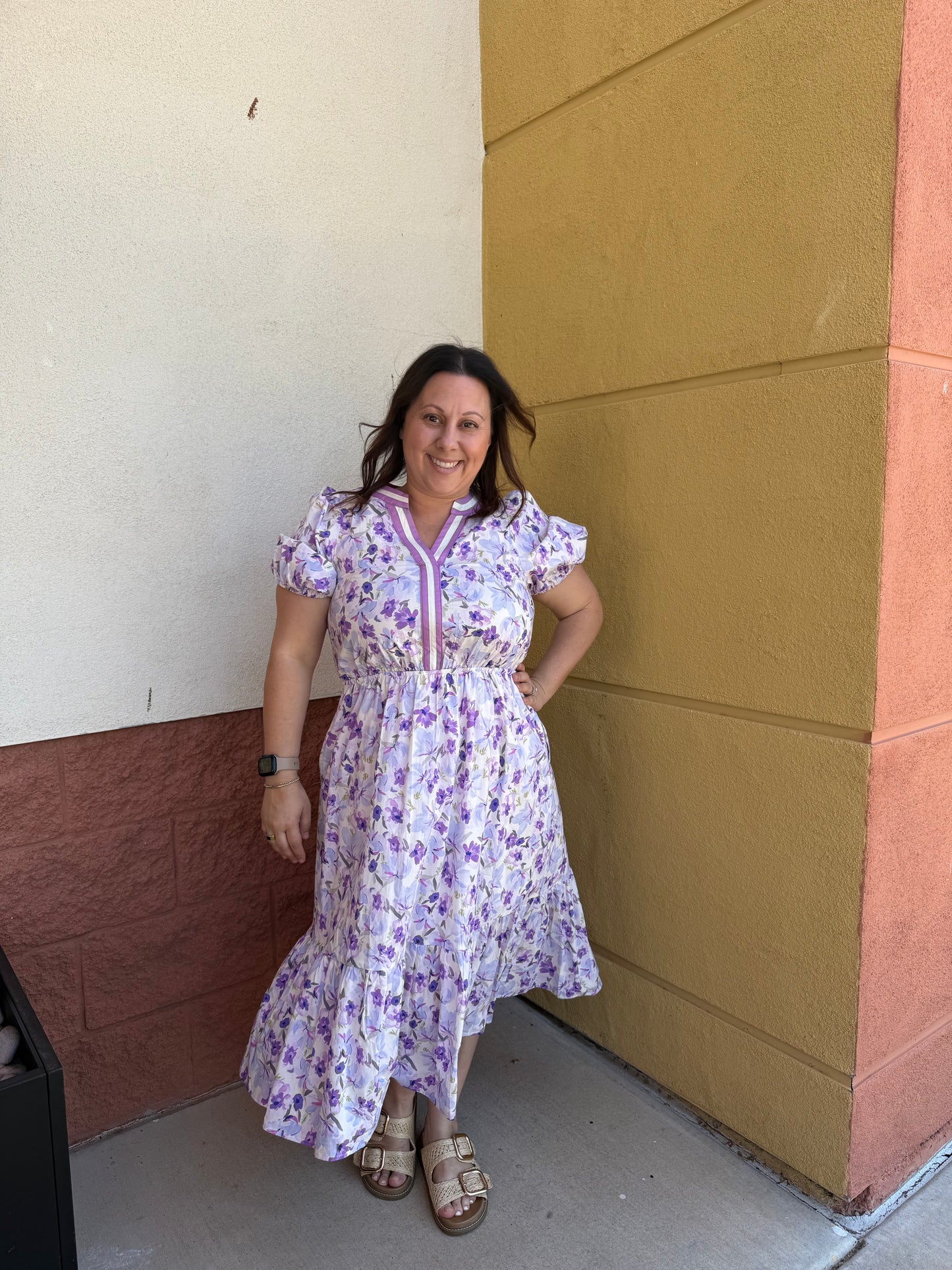 Purple floral dress with elastic waist 