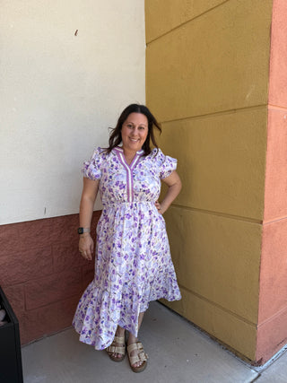 Purple floral dress with elastic waist 