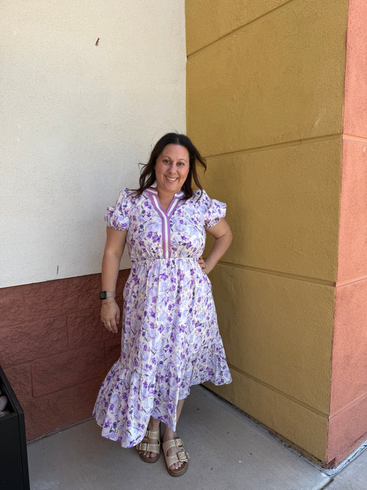 Purple floral dress with elastic waist 