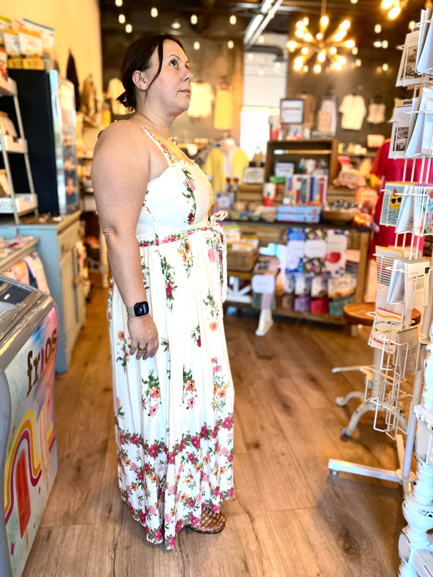 Floral Border Pattern Belt Strap Midi Dress- Light Khaki