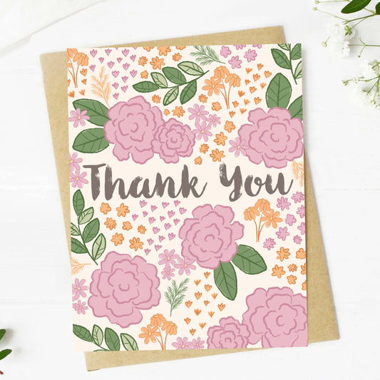 Pink Florals Thank You Cursive Card - 85 Local