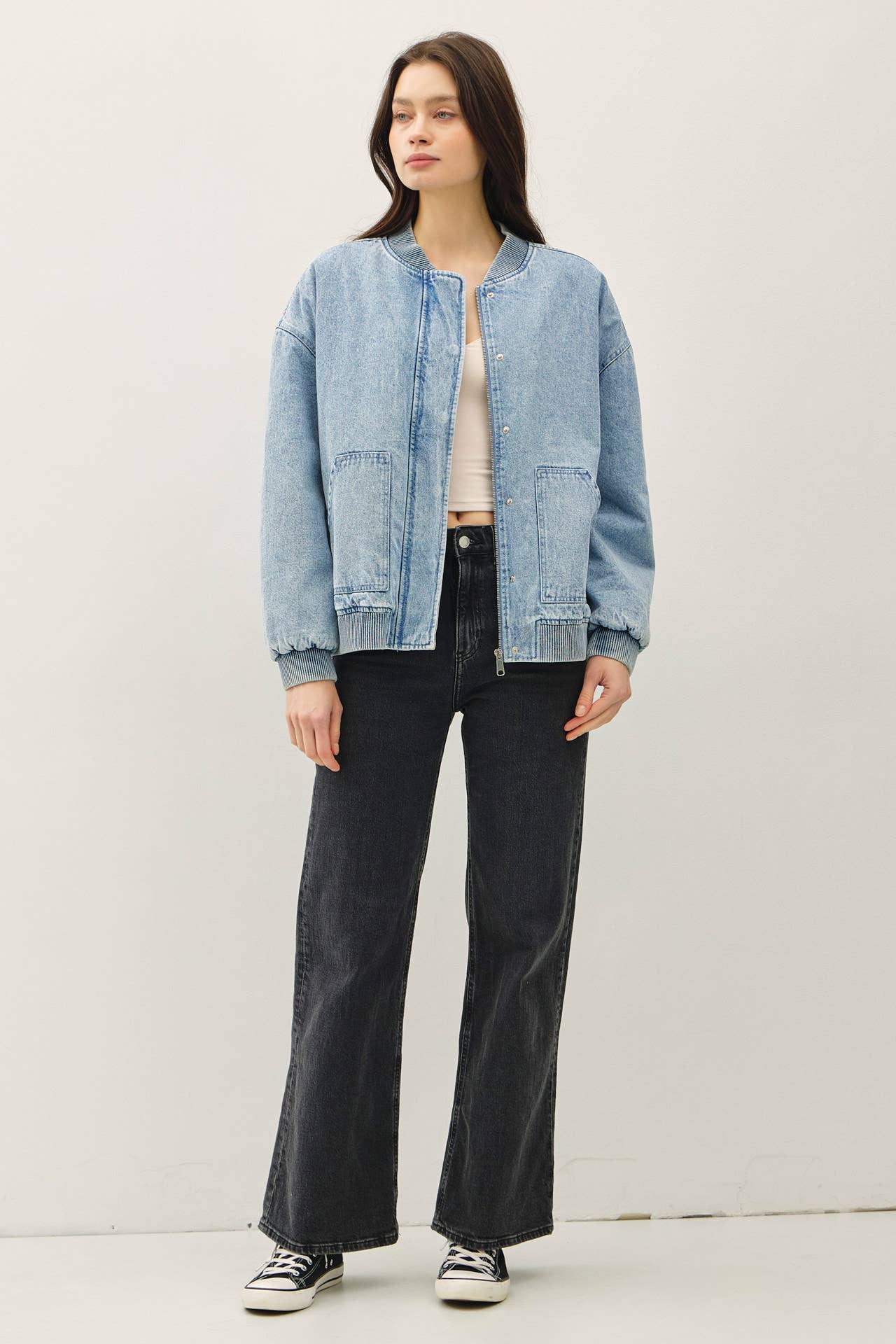 DENIM FEEL BOMBER JACKET W/ POCKETS