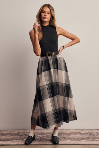 Mock Neck Mixed Media Plaid Midi Dress FD0068