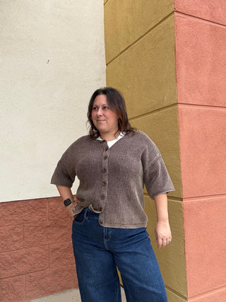 Ribbed Short Sleeve Dark Brown Cardigan