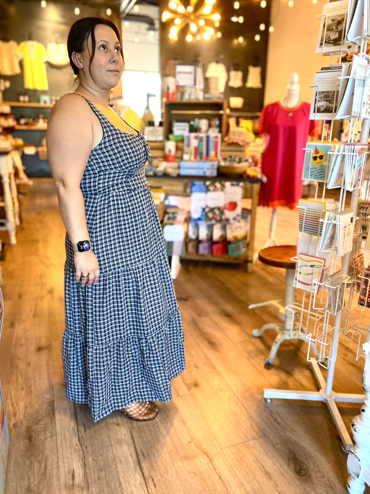 Navy Plaid Front Tie Tiered Midi Dress