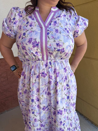 Lavender Floral Elastic Waist Dress