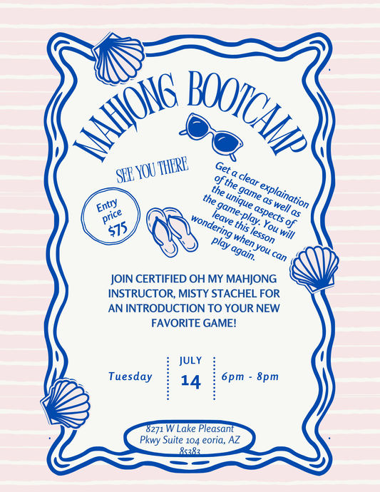 Advertisement for Mahjong Bootcamp event with blue text on a pink background