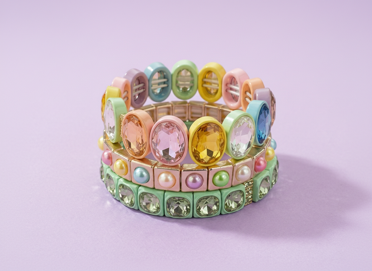 Enamel Stretch Bracelet - Large Oval Rainbow Stones - Olivia