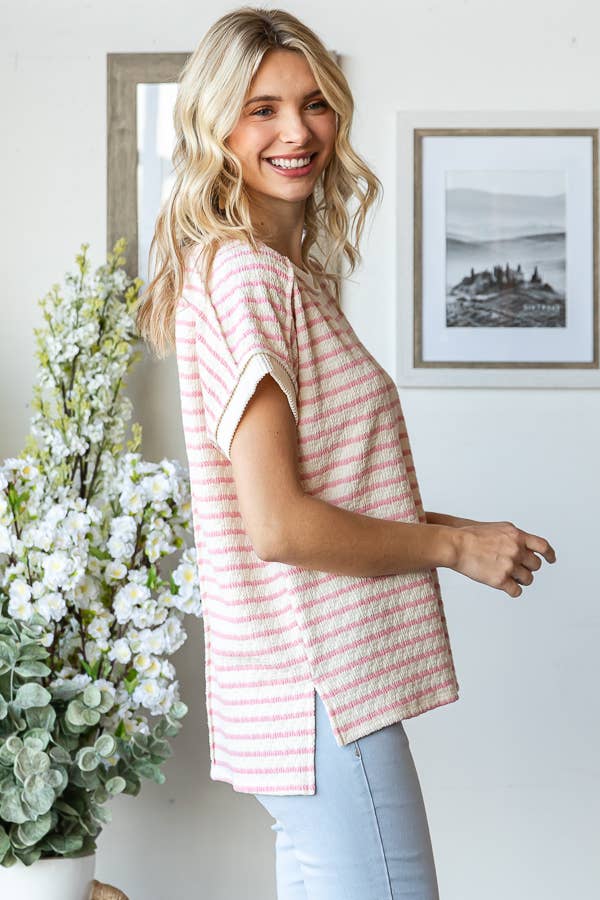 Stripe Textured Side Slit Short Sleeve Top