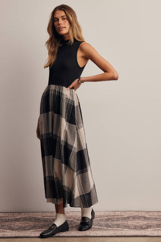 Mock Neck Mixed Media Plaid Midi Dress FD0068
