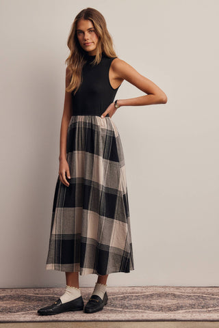 Mock Neck Mixed Media Plaid Midi Dress FD0068