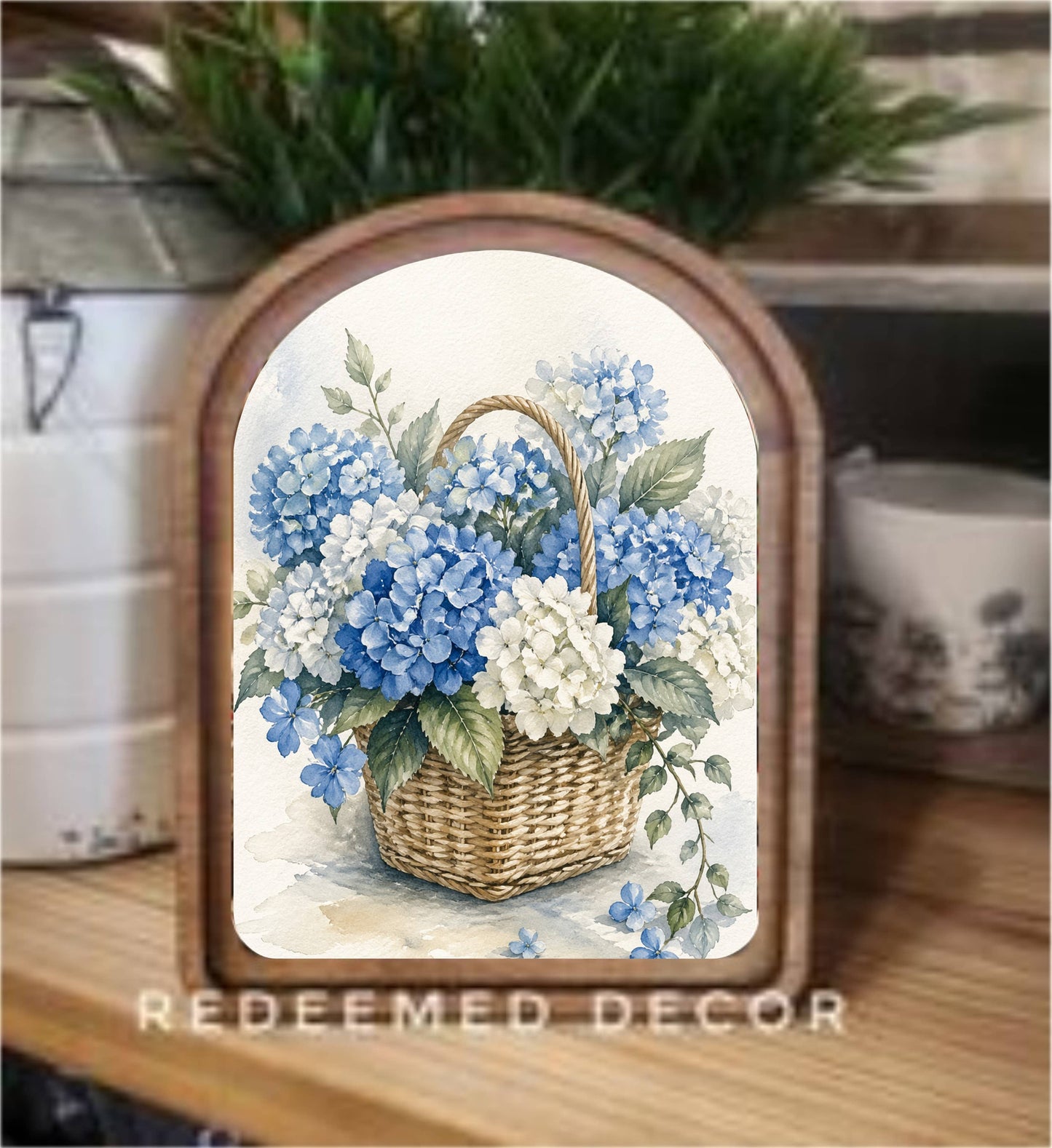 Arch Top Blue Hydrangeas Framed Art