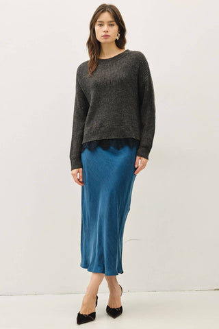 SCALLOPED LACE HEM CREW NECK WOOL BLENDED SWEATER