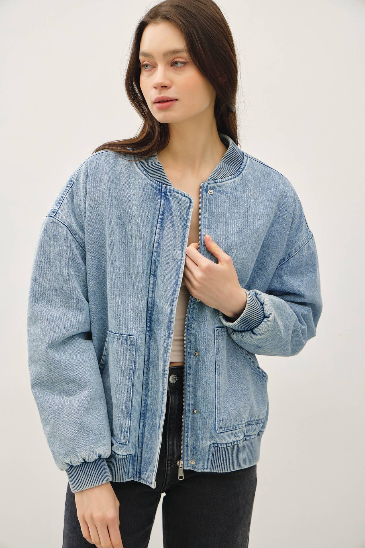 DENIM FEEL BOMBER JACKET W/ POCKETS