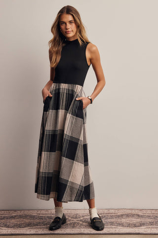 Mock Neck Mixed Media Plaid Midi Dress FD0068