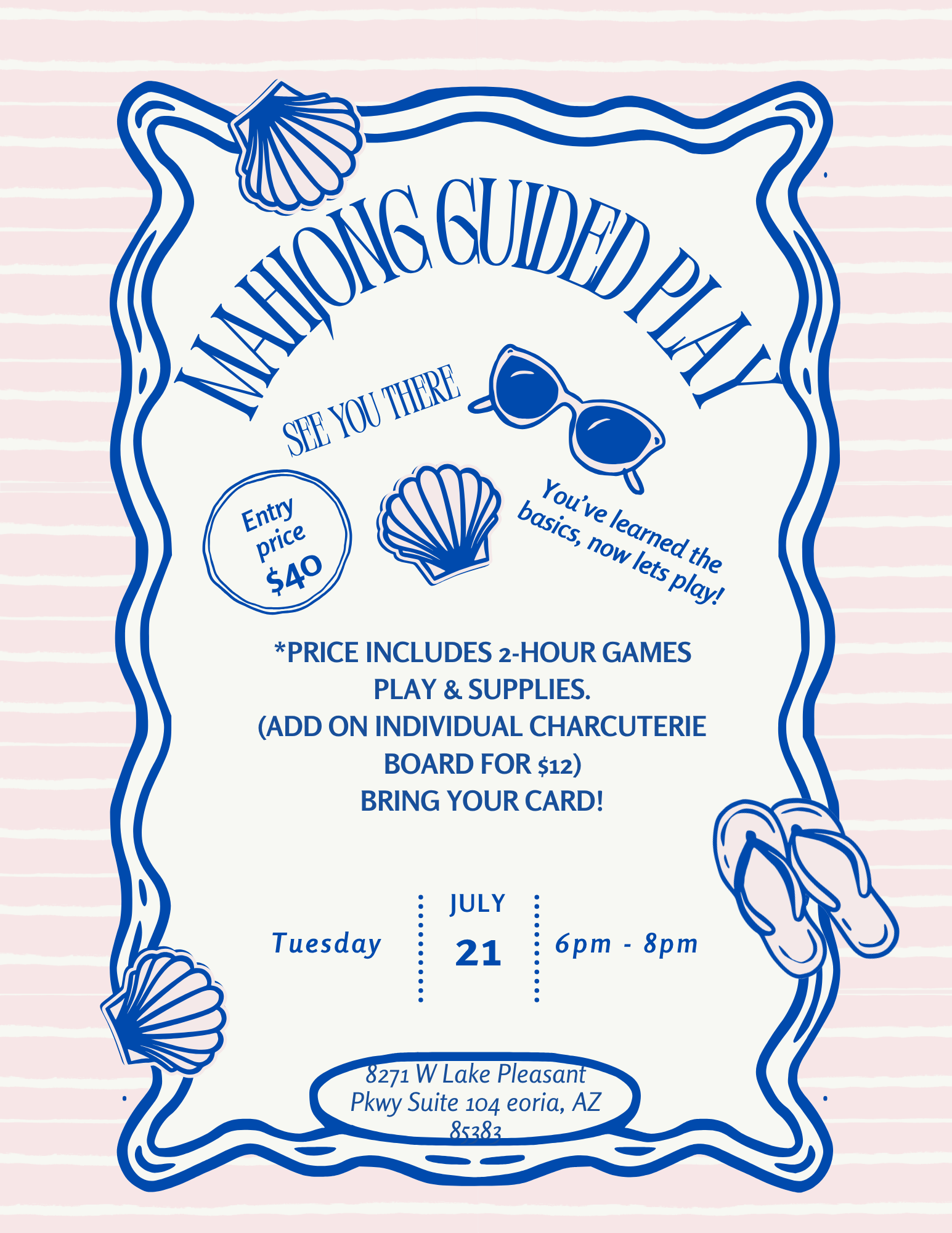 Invitation for Mahjong Guided Play event with blue text and graphics on a pink background