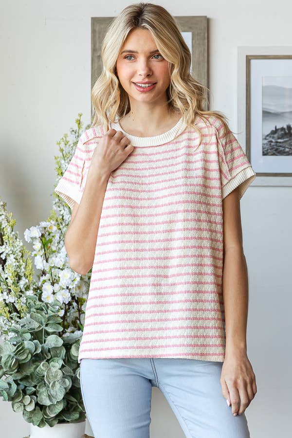 Stripe Textured Side Slit Short Sleeve Top