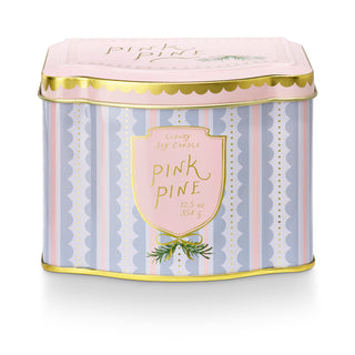 Pink Pine candle tin with decorative design on a white background