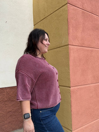 Ribbed Short Sleeve Burgundy Cardigan