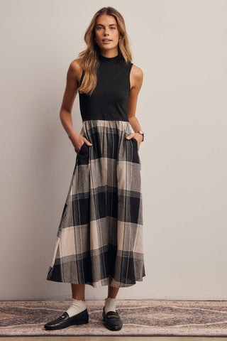 Mock Neck Mixed Media Plaid Midi Dress FD0068