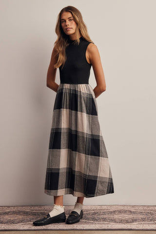 Mock Neck Mixed Media Plaid Midi Dress FD0068