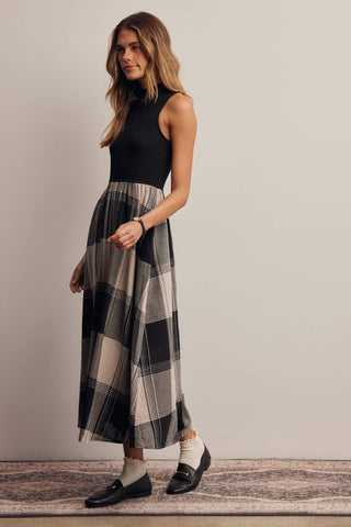 Mock Neck Mixed Media Plaid Midi Dress FD0068