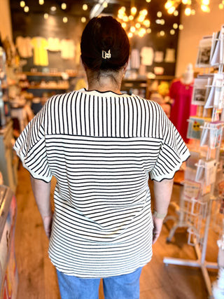 White Stripe Scallop Knit Top