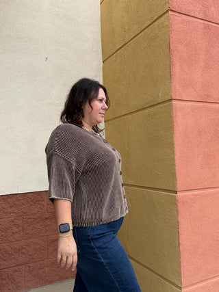 Ribbed Short Sleeve Dark Brown Cardigan