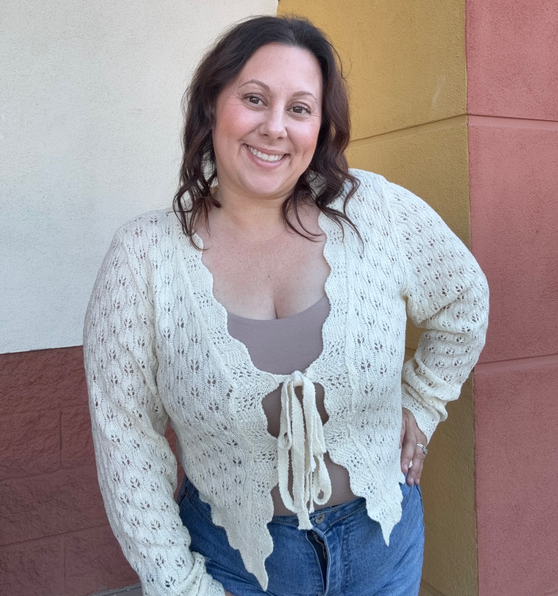 Crocheted tie front sweater 