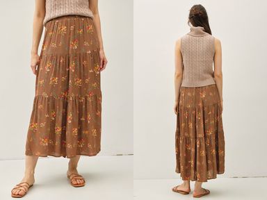 Woman wearing a brown floral skirt with a neutral top, shown from front and back on a white background.