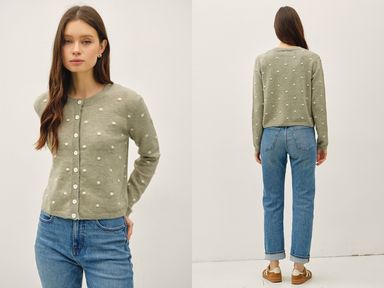 Sage green button up cardigan with white polka dots