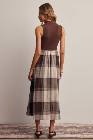 Mock Neck Mixed Media Plaid Midi Dress FD0068
