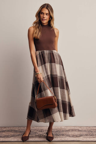 Mock Neck Mixed Media Plaid Midi Dress FD0068