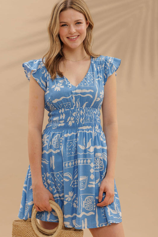 FLORAL LINE PRINT V NECK RUFFLE SLEEVE MINI DRESS - 85 Local