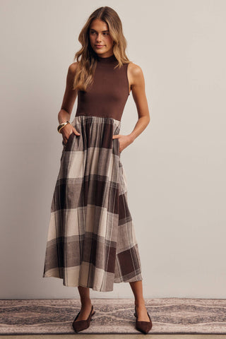 Mock Neck Mixed Media Plaid Midi Dress FD0068