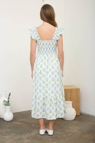 Floral Tile Pattern Smocked Sleeveless Midi Dress