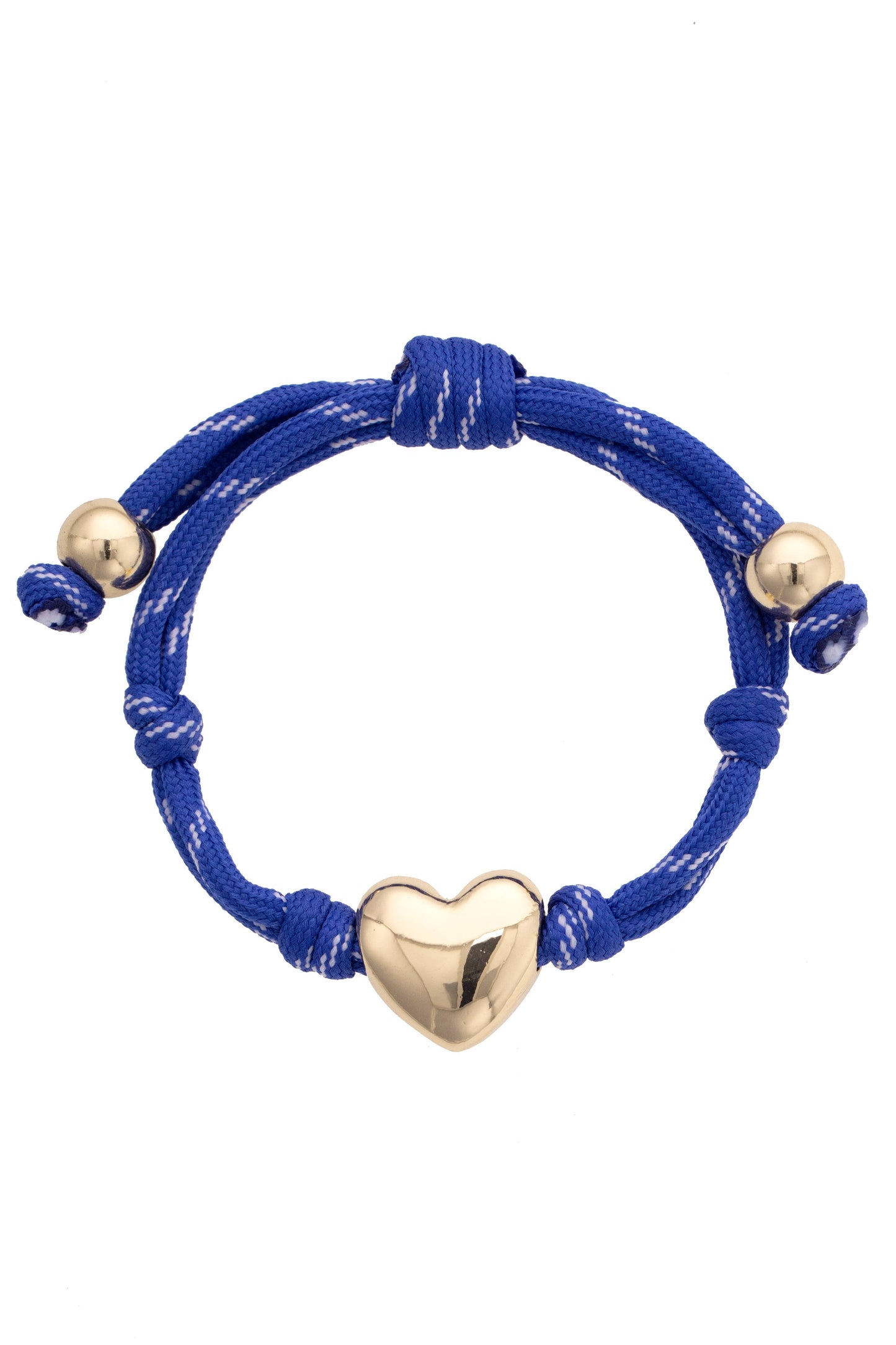 Blue bracelet with gold heart charm and beads on a white background