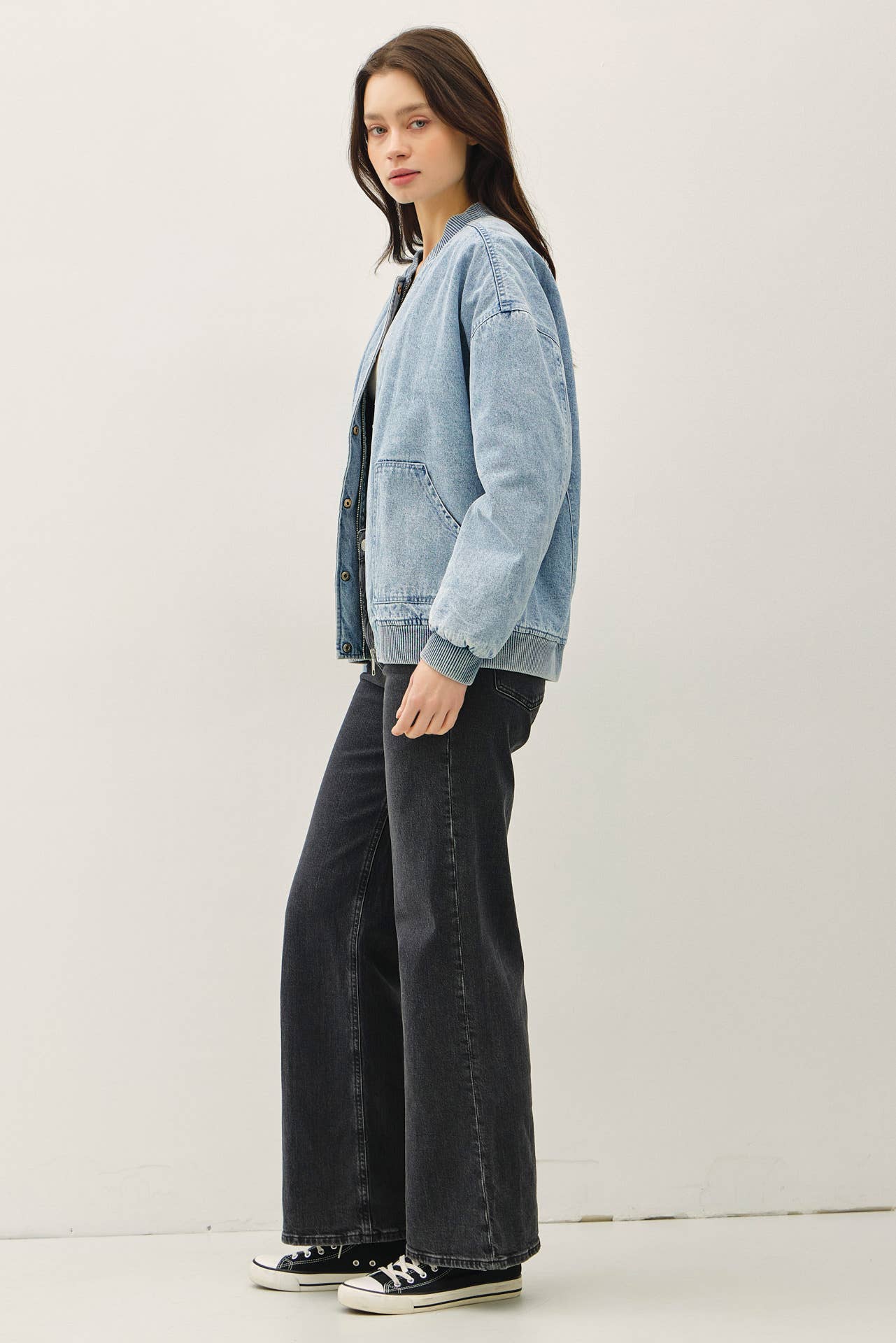 DENIM FEEL BOMBER JACKET W/ POCKETS