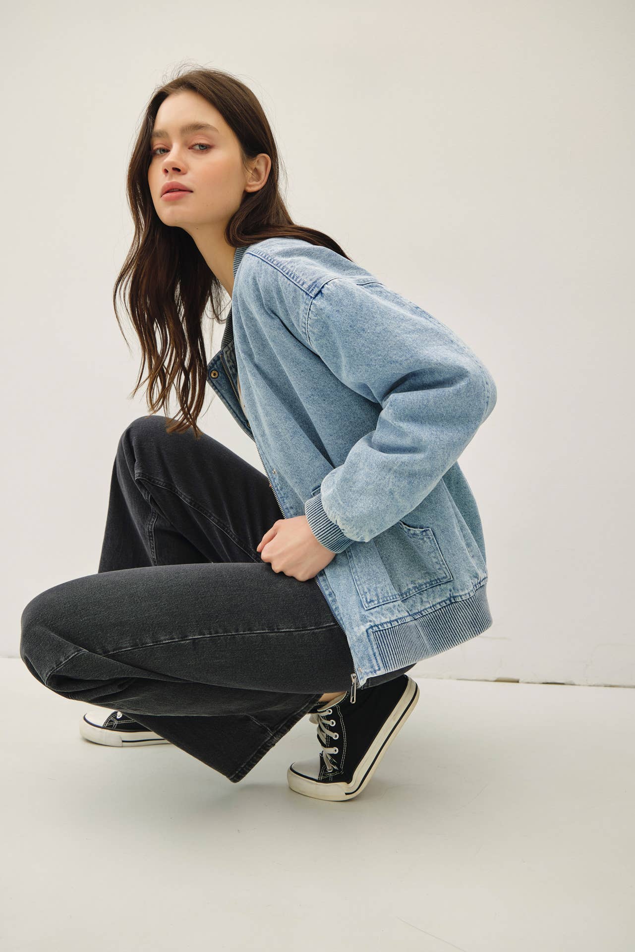 DENIM FEEL BOMBER JACKET W/ POCKETS