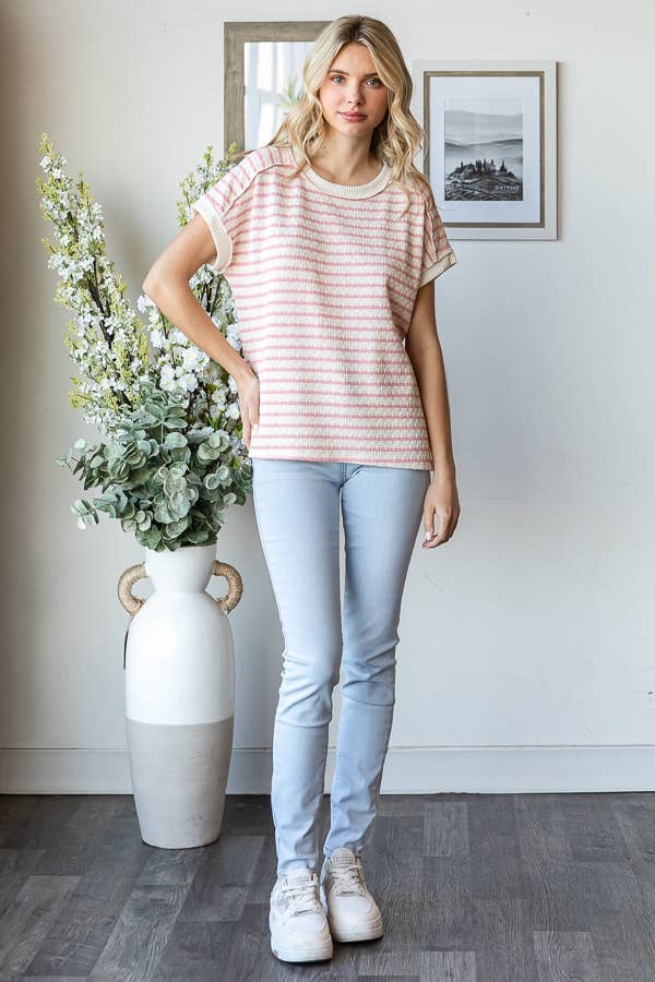 Stripe Textured Side Slit Short Sleeve Top