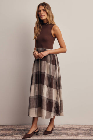 Mock Neck Mixed Media Plaid Midi Dress FD0068